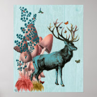 Venado turquesa en bosque de champiñones