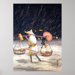 Póster Vendedor ambulante en la noche nevada Shotei Takah