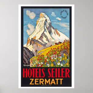 Póster Vendedor de hoteles Zermatt Suiza Viajes Antiguos