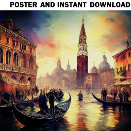 Póster Venecia al atardecer con góndolas en el Gran Canal