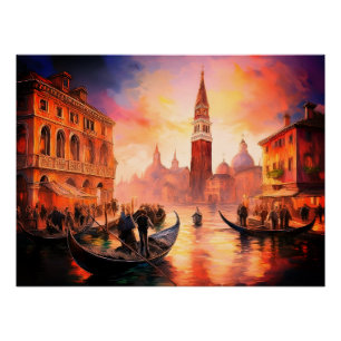 Póster Venecia al atardecer: Gran Canal y Góndolas