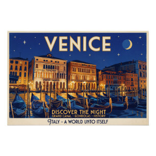 Póster Venecia de Noche Gran Canal Gondolas Arte