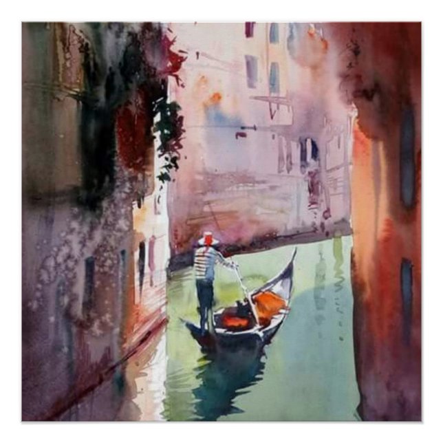 Póster Venecia, gondolier, gondola, lienzo de estilo vene (Anverso)