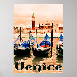 Póster Venecia, Italia, barcos en el puerto de la ciudad,