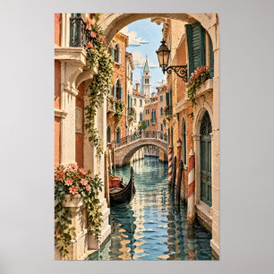 Póster Venecia Italia góndola canal y pared de puente de 