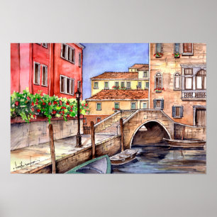 Póster Venecia Italia Pluma y lavado Acuarela