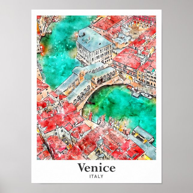 Póster Venecia Italia Viaje Mano de Esquema Acuático (Frente)