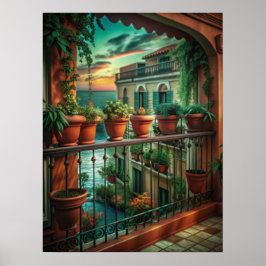 Póster Venetian Balcony Sunset Canal View Art