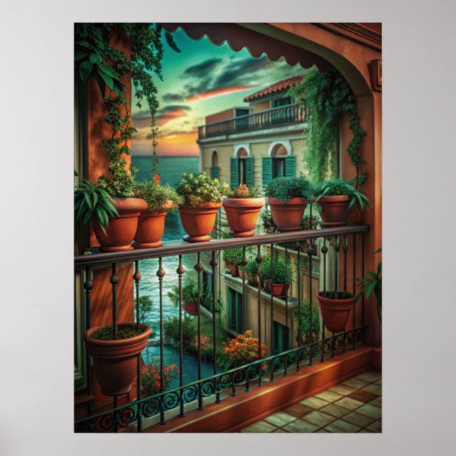 Póster Venetian Balcony Sunset Canal View Art (Frente)