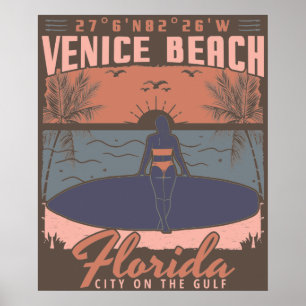 PÓSTER VENICE BEACH FLORIDA - CHICA SURFING.