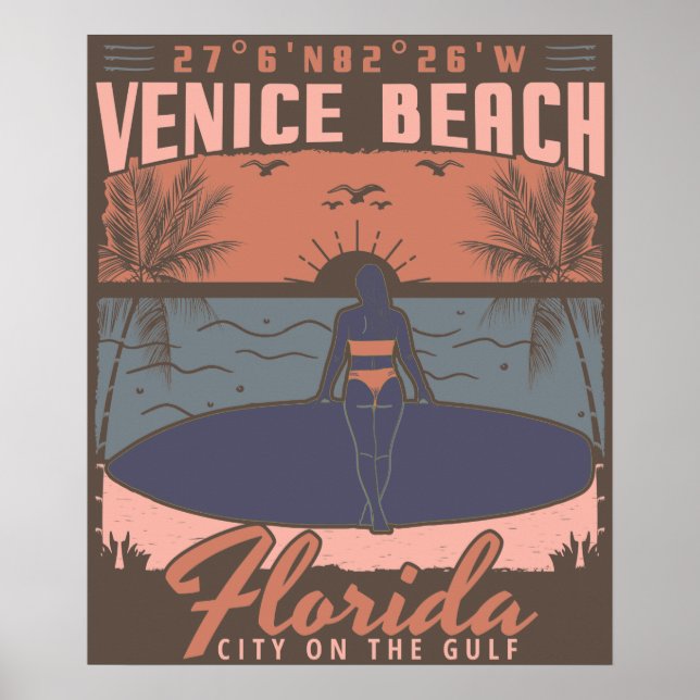 PÓSTER VENICE BEACH FLORIDA - CHICA SURFING. (Frente)