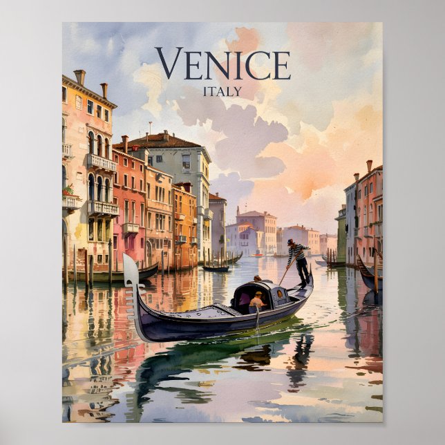 Póster Venice Gondola Ride Watercolor Canal Colorful (Frente)