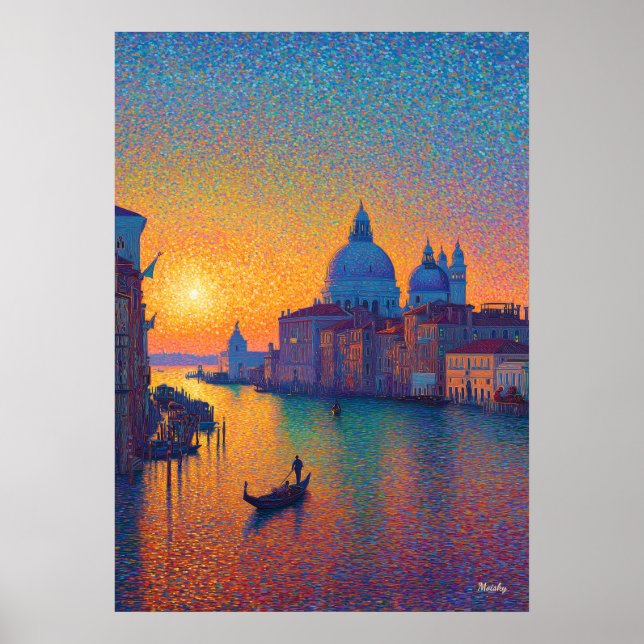 Póster Venice Grand Canal Pointillism Sunset Art (Frente)