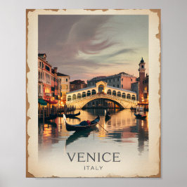Póster Venice Italy Rialto Bridge Vintage Twilight Rustic