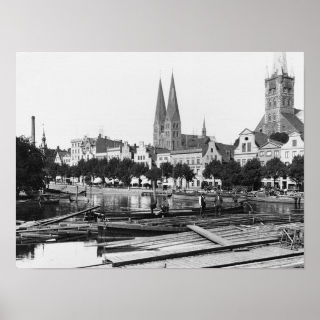 Póster Venta de madera en el río Trave, Lubeck, c.1910 (Frente)