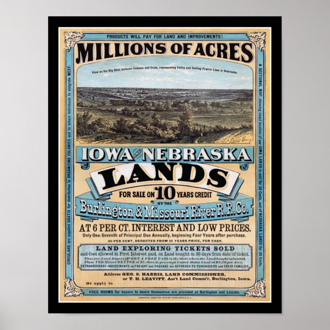 Póster Venta De Tierras De Iowa Nebraska En 1872 (Frente)