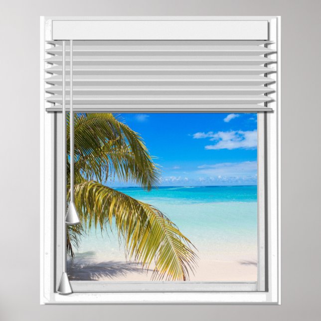 Póster Ventana Artificial De Vista De Playa Con Ciegas (Frente)