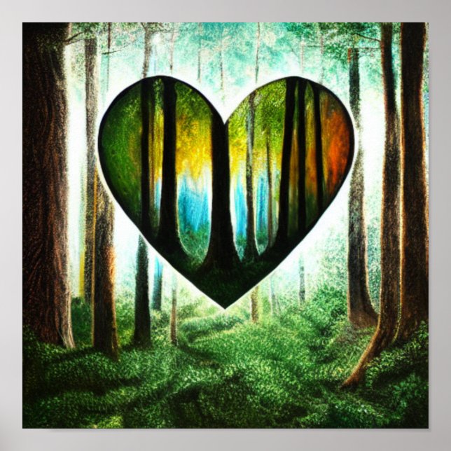 Póster Ventana con forma de corazón en el bosque (Frente)