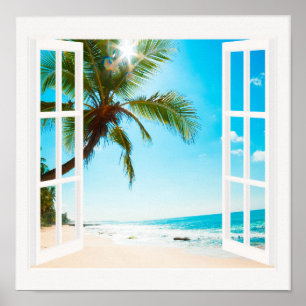 Póster ¡Ventana con tamaños del personalizado de la playa