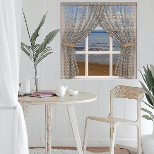 Póster Ventana con vistas al mar y cortinas de encaje