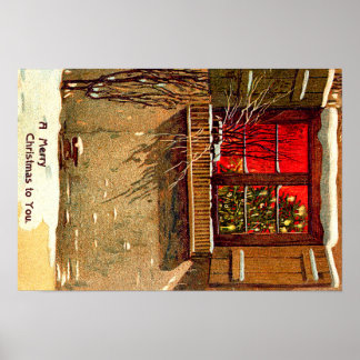 Póster Ventana de árbol de navidad iluminada por velas de