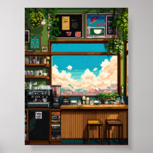 Ventana de café acogedor Pixel art