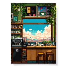 Ventana de café acogedor Pixel art
