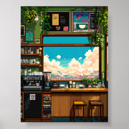 Póster Ventana de café acogedor Pixel art