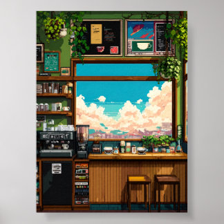 Póster Ventana de café acogedor Pixel art