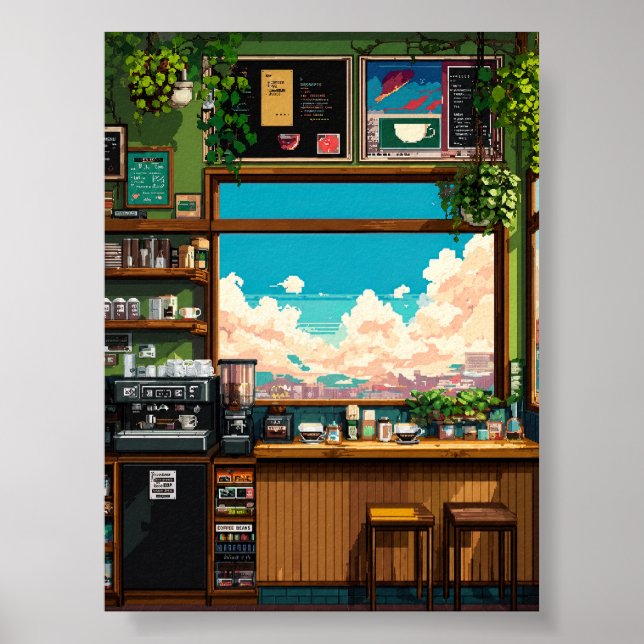 Póster Ventana de café acogedor Pixel art (Frente)