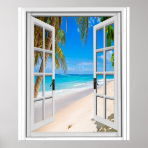 Póster Ventana de Faux Beach and Ocean View