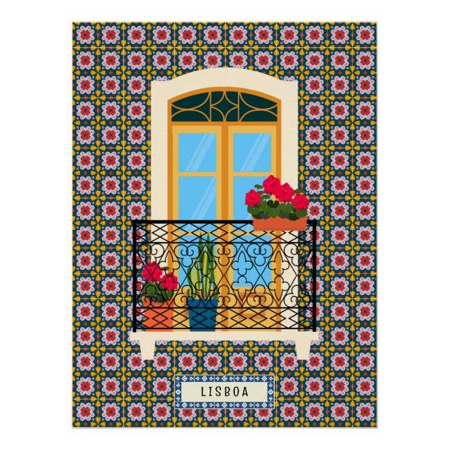 Póster Ventana de la casa de Lisboa con plantas y azulejo (Anverso)