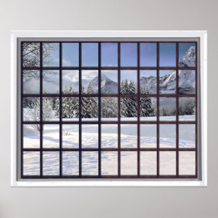 Póster Ventana de la escena del invierno de las montañas
