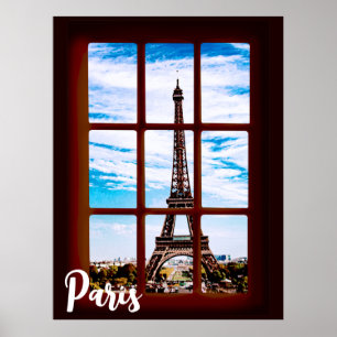 Póster Ventana de madera con vistas a la torre Eiffel, Pa