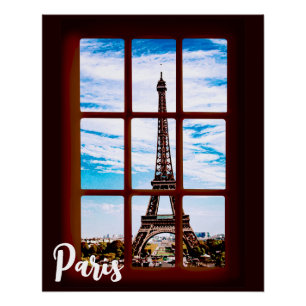 Póster Ventana de madera con vistas a la torre Eiffel, Pa