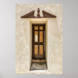 PÓSTER VENTANA DE MADERA MARRÓN SOBRE LA PARED DE CONCRET