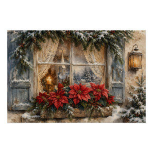 Póster Ventana de Navidad con Poinsettia Nevada
