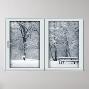 Póster Ventana de nieve fresca con una vista