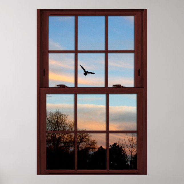 Póster Ventana de pájaro volador con una ilusión de vista (Frente)