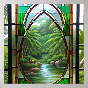 Póster Ventana de vidrio emplomado colorido escena de la