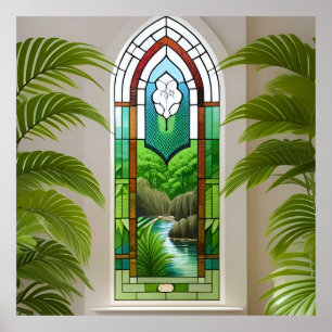 Póster Ventana de vidrio emplomado colorido escena de la 