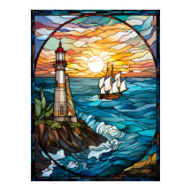 Ventana de vidrio emplomado de faro y barco a vela