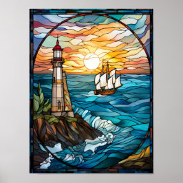 Póster Ventana de vidrio emplomado de faro y barco a vela