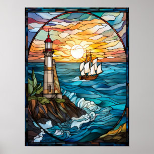 Póster Ventana de vidrio emplomado de faro y barco a vela