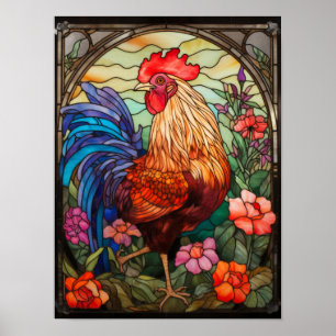 Póster Ventana de vidrio emplomado de gallo Colorida casa