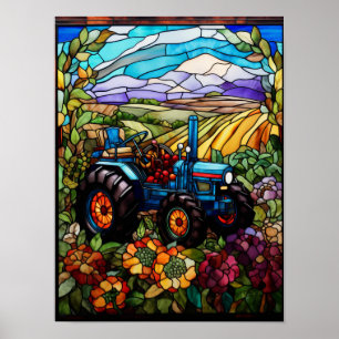 Póster Ventana de vidrio emplomado de tractor azul de gra