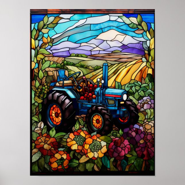 Póster Ventana de vidrio emplomado de tractor azul de gra (Frente)