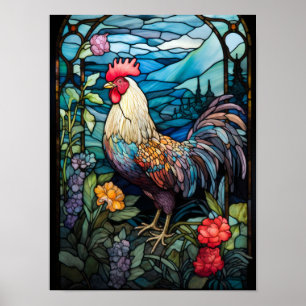 Póster Ventana de Vidrio Emplomado Gallo Rústico Jardín C