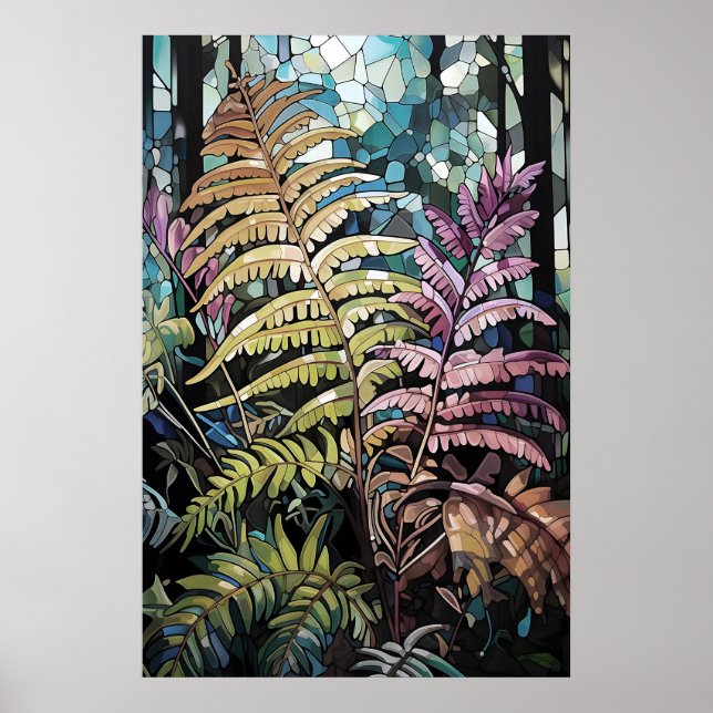 Póster ventana de vidrio emplomado helecho profundo bosqu (Frente)