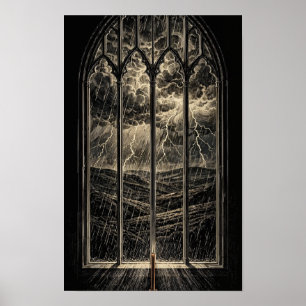 Póster Ventana del Castillo en una Tormenta con Relámpago